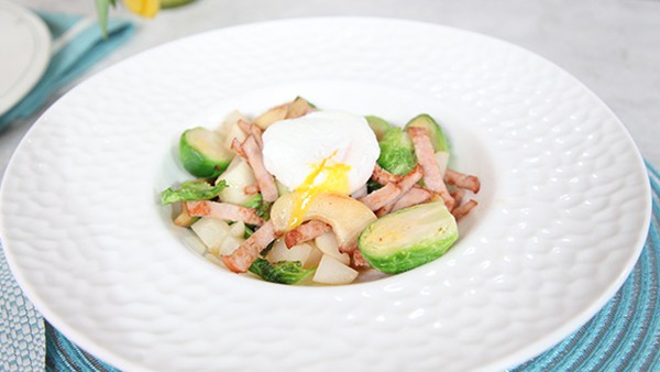 Brussels sprouts, bacon, turnip and apple with poached eggs