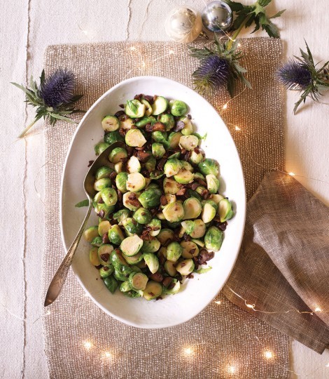 Brussels sprouts cooked in foaming butter with crispy chestnuts