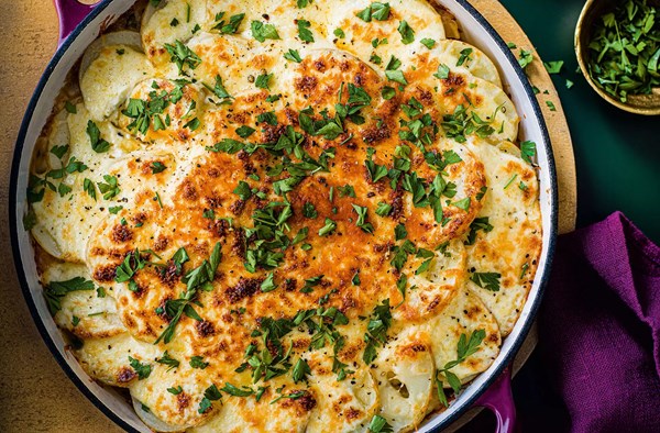 Brussels sprouts, fennel, potato & cashew gratin