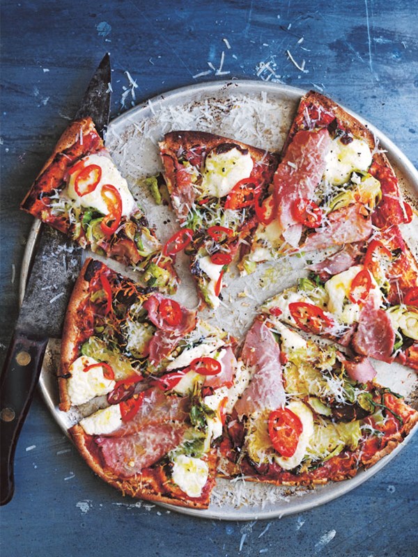 Brussels sprouts, ham and ricotta pizza