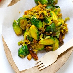 Brussels sprouts, leeks, and curry leaves