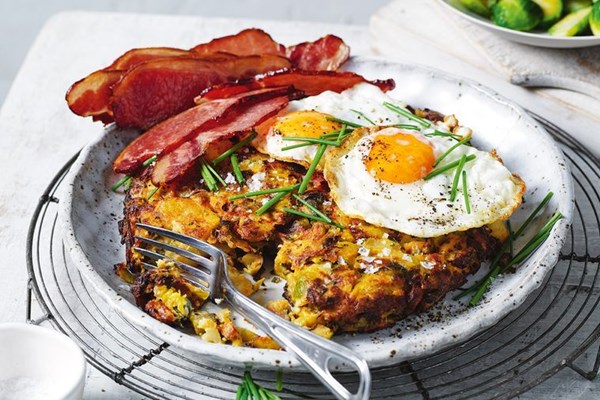 Brussels sprouts, pancetta and potato fritter with fried eggs and bacon