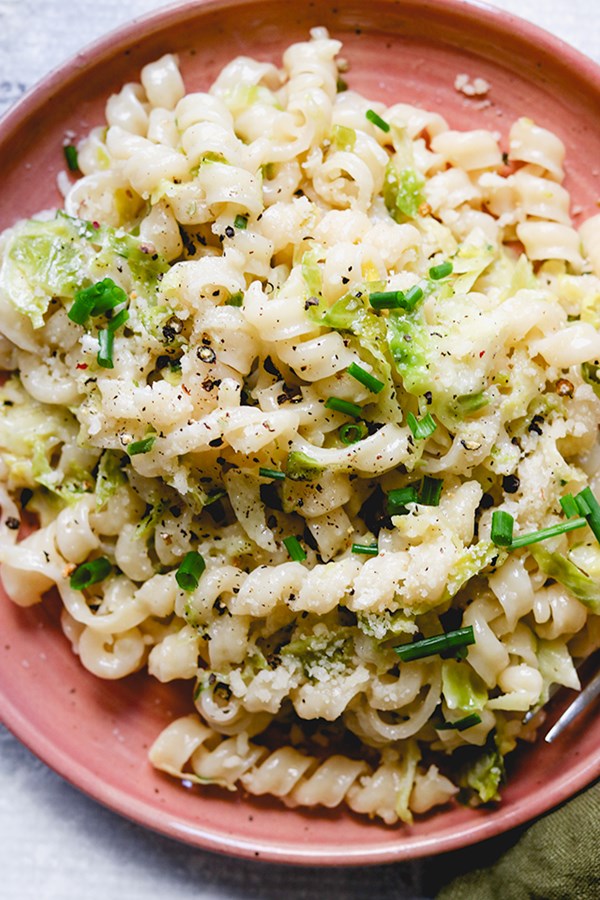 Brussels sprouts pasta with Parmesan cream sauce