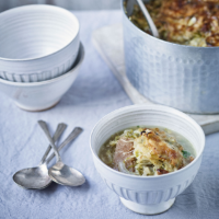 Brussels sprouts, rye bread and Taleggio soup