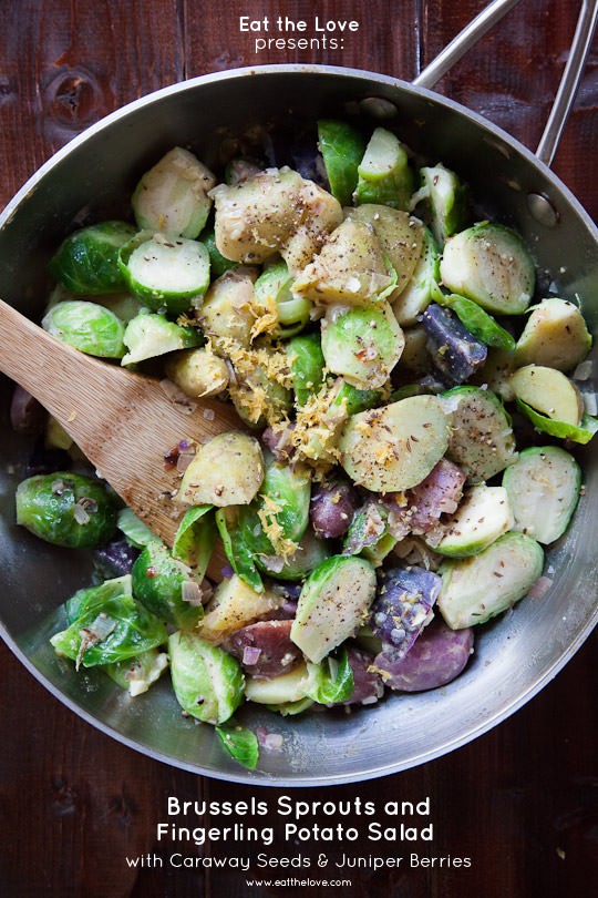 Brussels sprouts salad with fingerling potato, seasoned with caraway seeds and juniper berries