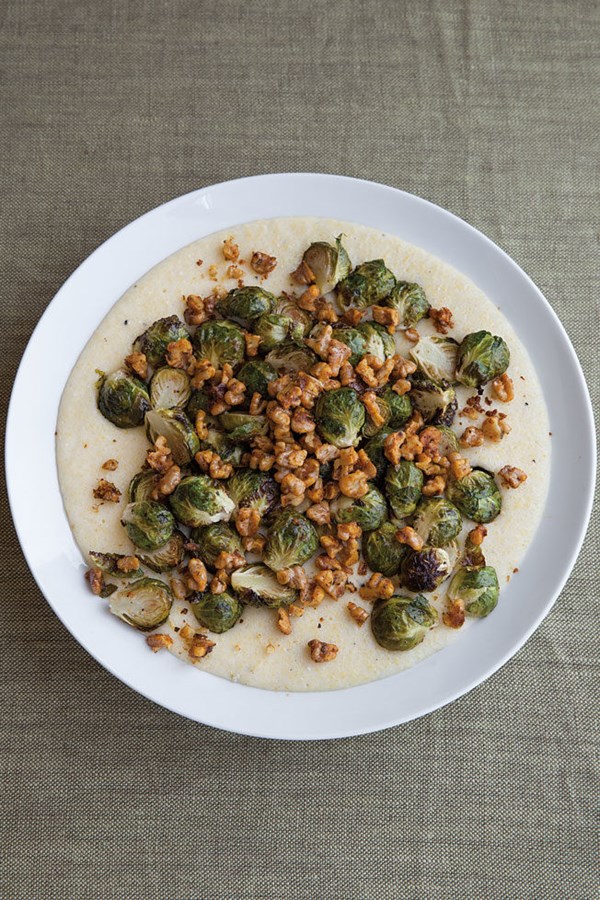 Brussels sprouts with cheddar polenta and spiced walnuts