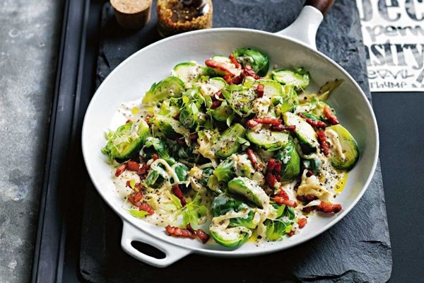 Brussels sprouts with mustard cream and speck