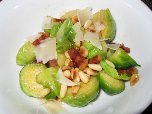 Brussels sprouts with pancetta, pine nuts and Parmigiano Peggiano