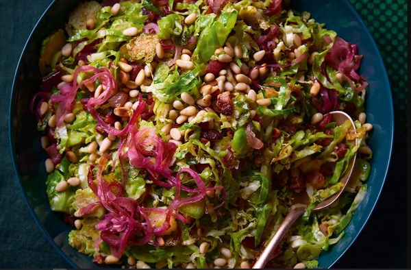 Brussels sprouts with red onion, pancetta & pine nuts