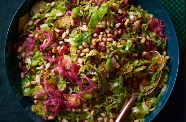 Brussels sprouts with red onion, pancetta & pine nuts