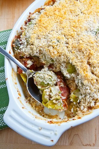 Brussels sprouts with smoked bacon in a mustard cream topped with a Parmesan crust