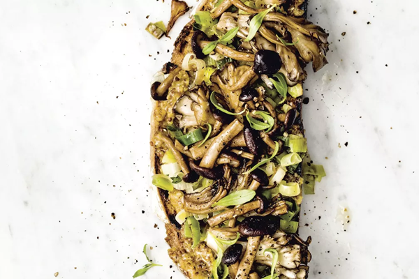 Bryant Terry's caramelized leek and seared mushroom toast [mustard-pine nut spread]