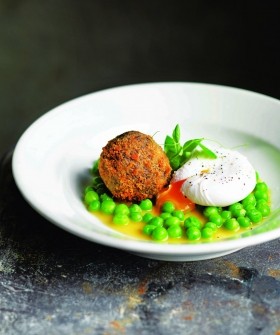 Bryn Williams's crispy black pudding, poached hen's egg and peas