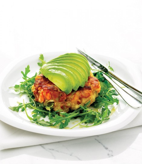 Bubble and squeak cakes with ham and avocado