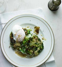 Bubble and squeak cakes with poached eggs and mustard sauce