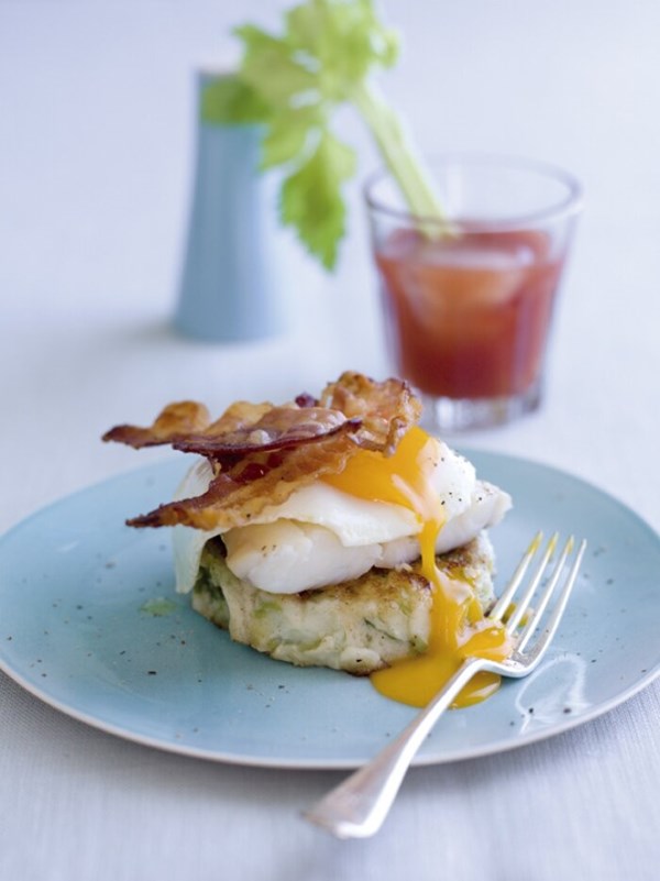 Bubble and squeak cakes with smoked haddock, fried eggs and bacon