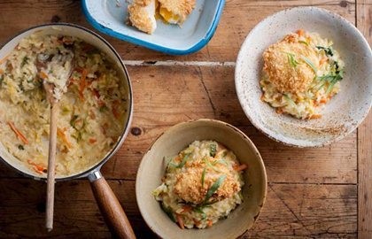 Bubble and squeak risotto with crispy egg