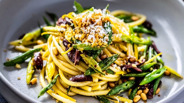 Bucatini al limone with green beans, olives, and pine nuts