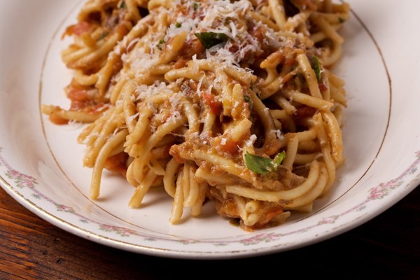 Bucatini in chunky eggplant sauce