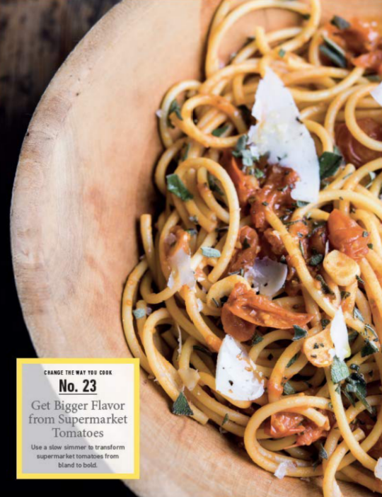 Bucatini pasta with cherry tomato sauce and fresh sage