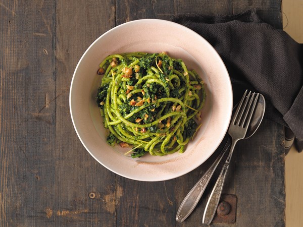 Bucatini verde with Tuscan kale pesto and walnuts