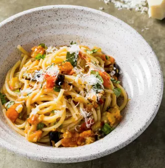 Bucatini with eggplant and tomatoes