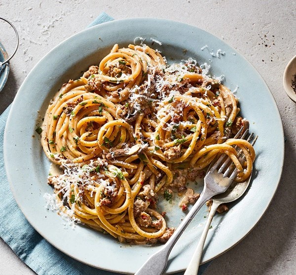 Bucatini with mushrooms & sausage