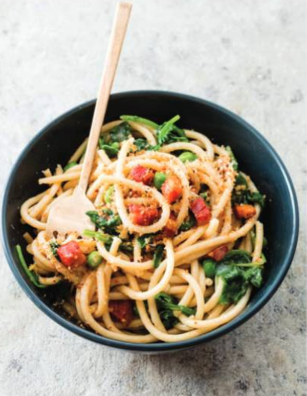 Bucatini with peas, kale, and pancetta