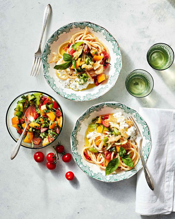Bucatini with roasted and fresh tomatoes
