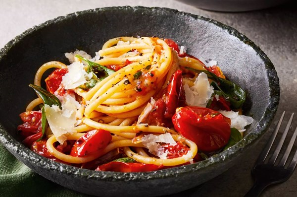 Bucatini with roasted tomatoes & basil