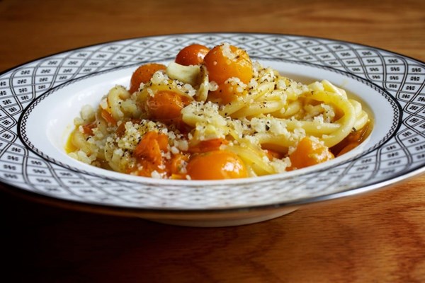 Bucatini with Sungold tomato sauce