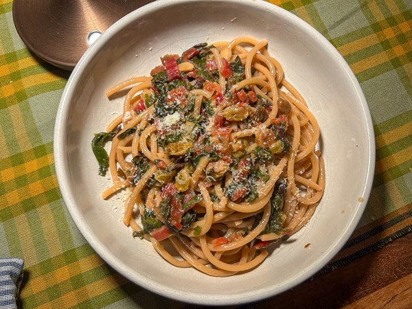 Bucatini with Swiss chard, raisins, and Parmesan