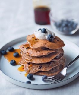 Buckwheat & blueberry pancakes with maple cashew cream