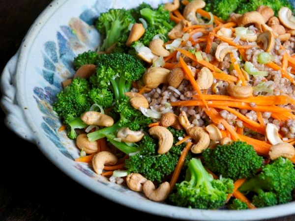 Buckwheat and broccoli salad in tangy miso dressing