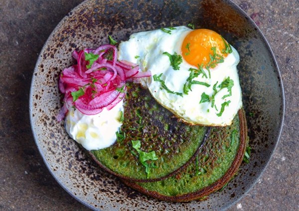 Buckwheat and ricotta hotcakes with preserved lemon salsa