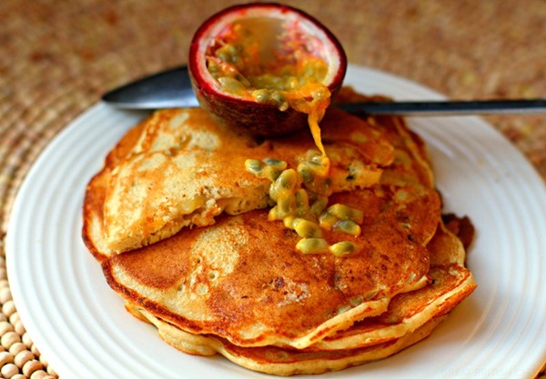 Buckwheat, banana and passion fruit pancakes