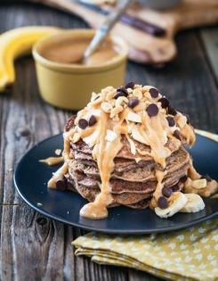 Buckwheat banana bread pancakes with peanut butter syrup
