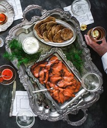 Buckwheat blinis with Aoraki blackcurrant & kāmahi honey cold smoked salmon