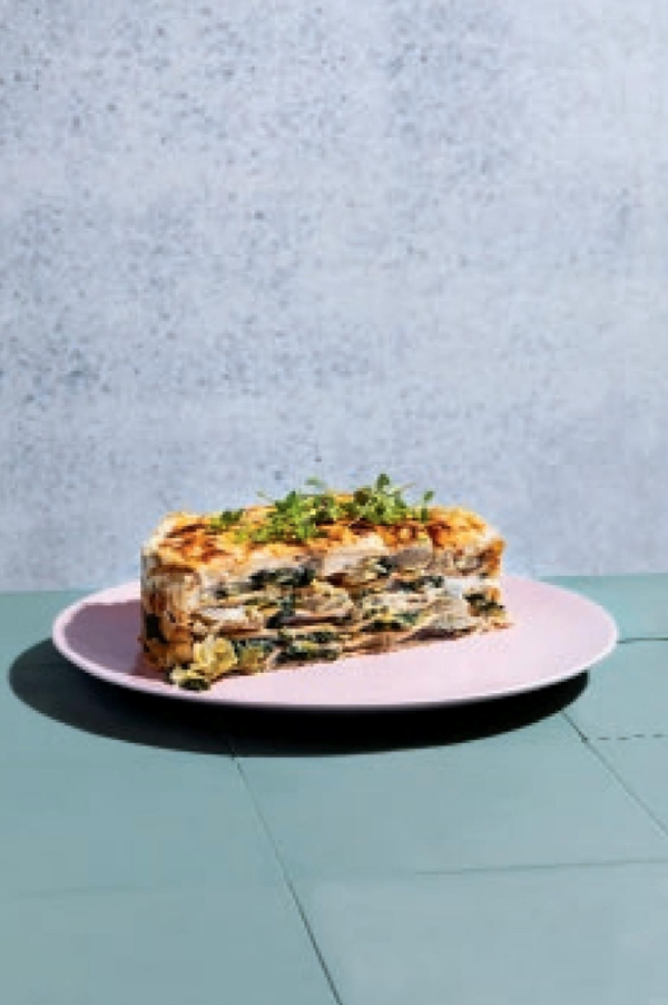 Buckwheat crêpe cake with chard and artichokes (Timballo di crespelle di grano saraceno con carciofi ed erbette)