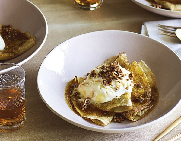 Buckwheat crêpes Suzette with caramel spiced buckwheat