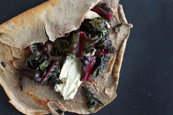 Buckwheat crepes with Brie & honey sauteed Swiss chard