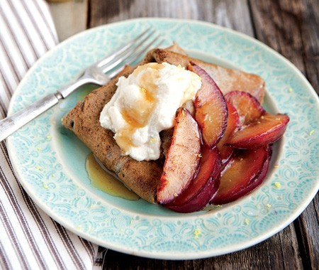 Buckwheat crepes with honeyed ricotta & sautéed plums 