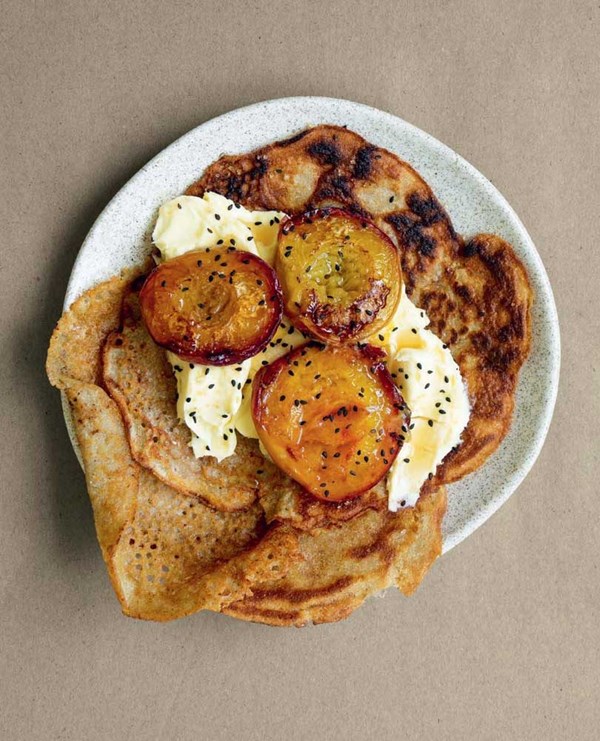 Buckwheat crepes with roast peaches & mascarpone