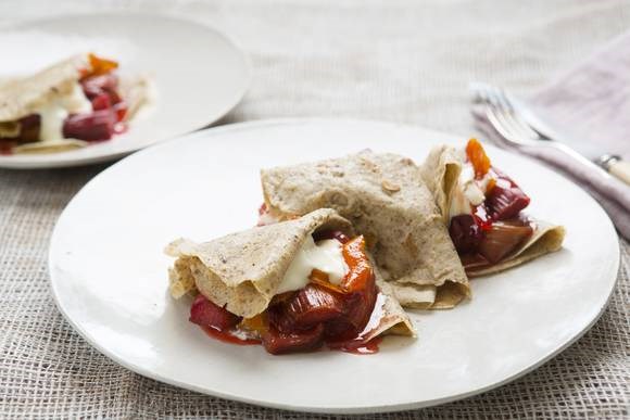 Buckwheat crepes with roasted rhubarb and cinnamon yoghurt