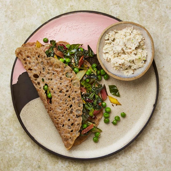 Buckwheat dosas, coconut chutney and greens