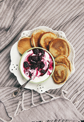 Buckwheat drop scones with balsamic blackberry marbled yoghurt