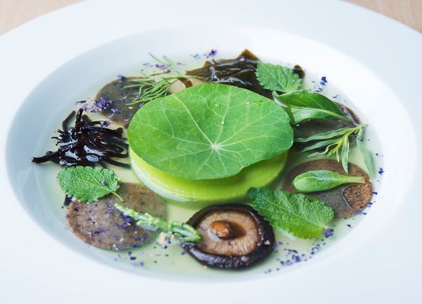 Buckwheat dubloons, pea cream, yuzu and lemon 'broth'
