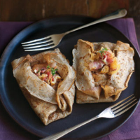 Buckwheat galettes with Gruyère, onion and bacon filling