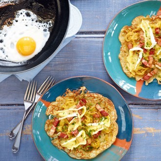 Buckwheat galettes with lardons and melted Camembert