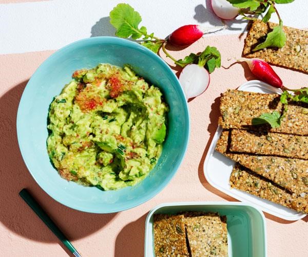 Buckwheat hemp crackers with avocado and finger lime